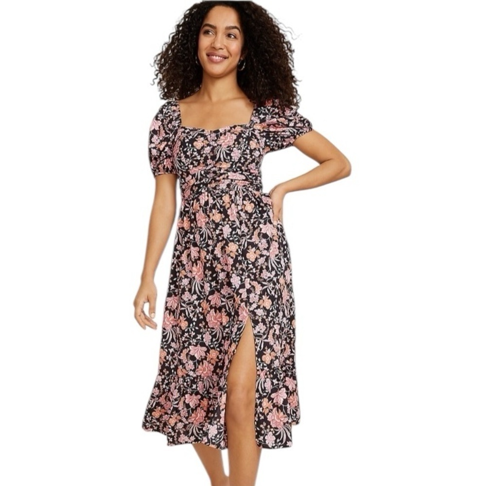NEW Floral Sweetheart Neck Dark Cottagecore Puff Sleeve Front Slit Midi Dress XS